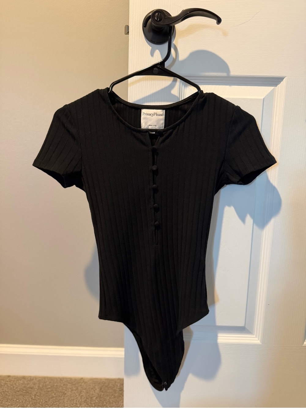 Privacy Please Black Ribbed Short Sleeve Button-Front Bodysuit
